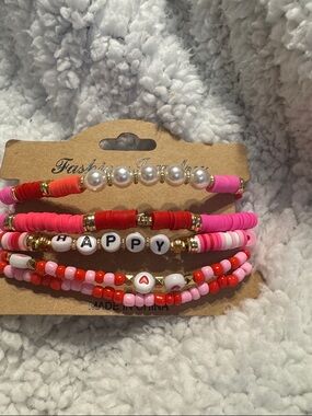 'Happy' Beaded Bracelet Set - Pink & Red